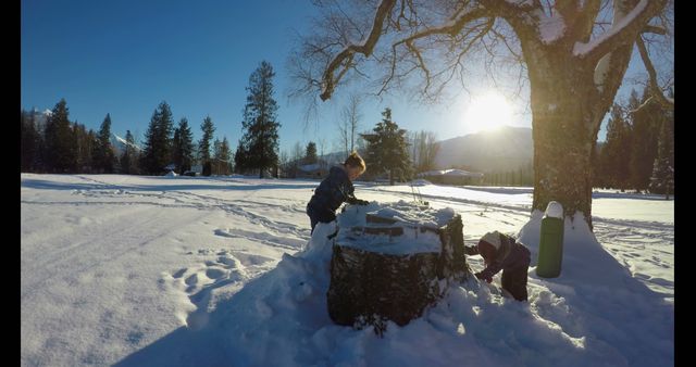 Children Building Snow Fort in Winter Landscape - Download Free Stock Images Pikwizard.com