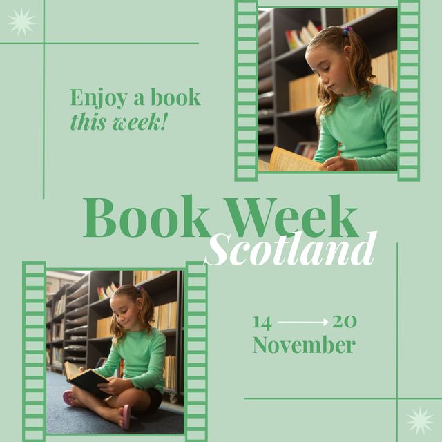 This image features a young Caucasian girl reading a book in a library. It is promoting Book Week Scotland with text highlighting the event dates from November 14 to 20. The girl is focused and engaged in her book, with a setting that shows a peaceful library atmosphere. Perfect for use in promotional materials, social media posts, educational websites, and event flyers to encourage participation in Book Week Scotland and emphasize the importance of reading and literacy among children.