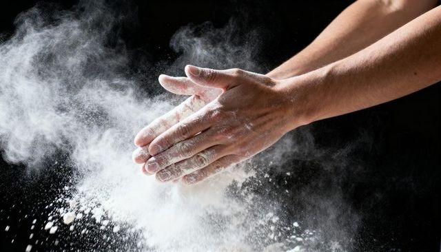 Clapping flour-dusted hands creating dramatic white powder burst over dark background