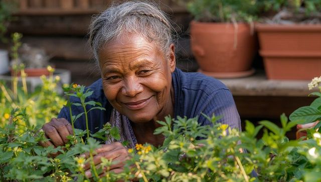Smiling senior woman gardening among sunlit plants with terracotta pots in backyard