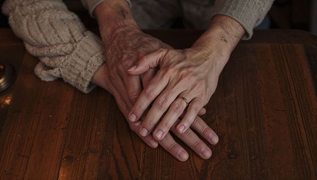 Elderly couple holding hands on wooden table showing wedding ring and gentle warm support