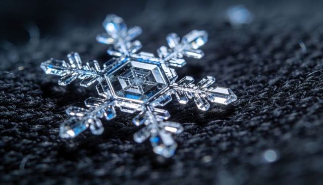 Resting hexagonal snowflake crystal on dark knit fabric, macro frost detail