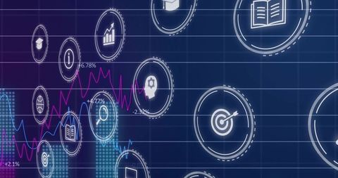 Digital Dashboard with Interface Icons and Line Graphs