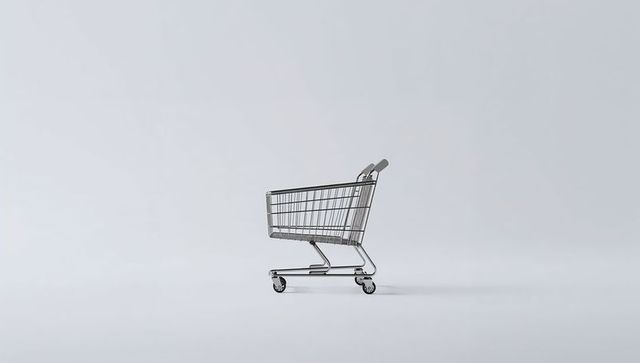 Minimalist Chrome Shopping Cart Sitting on Pale Gray Floor for Retail Concept
