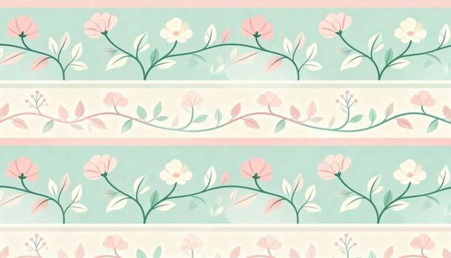 Pastel mint floral banding pattern featuring stylized five-petal blooms and curved stems