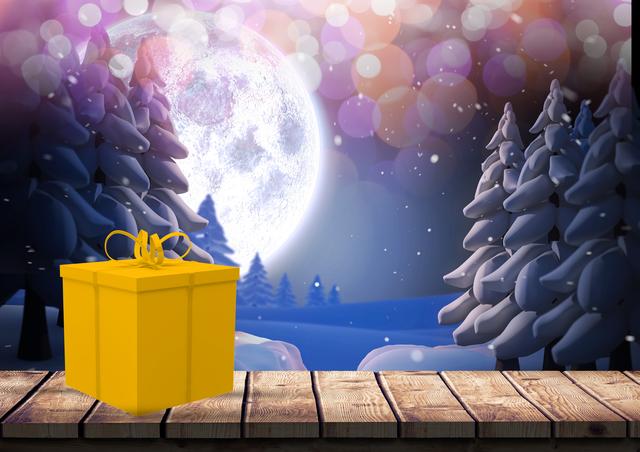 Digital composition of gift on wooden plank with snow covered pine trees in background