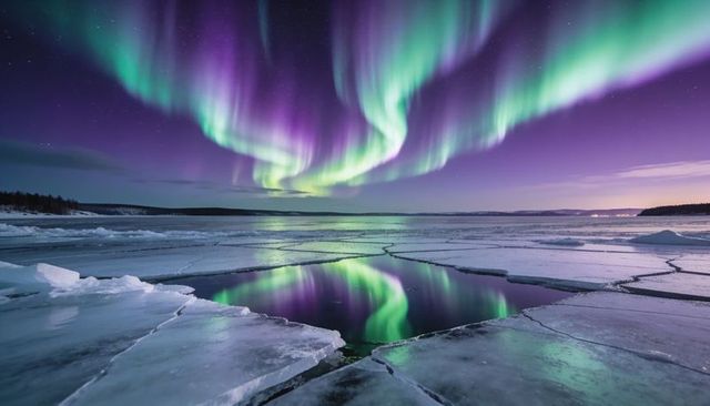 Dancing northern lights painting green purple curtains over broken ice floes and open water