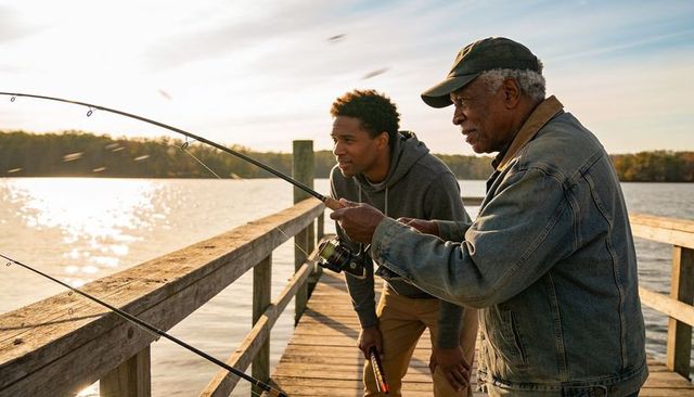 Senior guiding younger man fishing on wooden pier at sunset mentoring outdoors lifestyle