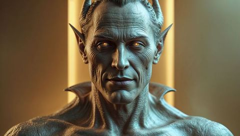 Futuristic metallic lucifer with glowing eyes in sci-fi setting