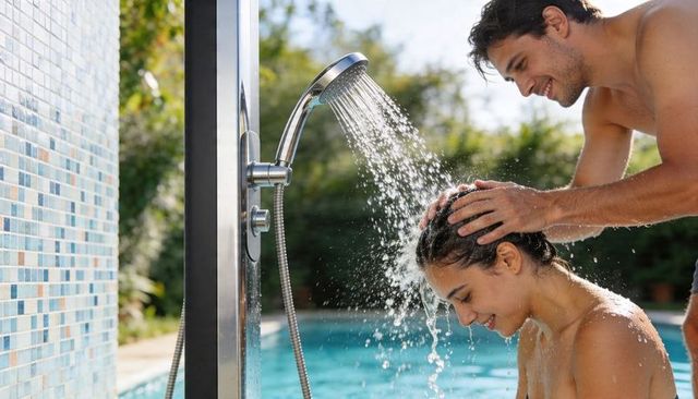 Playful couple rinsing at poolside outdoor shower with handheld showerhead, mosaic tile