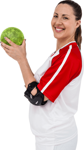 Smiling Female Athlete Posing with Handball in Transparent Background