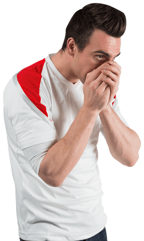 Transparent disappointed football fan covering face in frustration