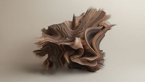 Flowing wood ribbon sculpture showing layered veneer grain and organic curves