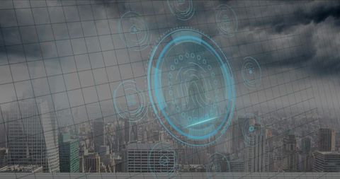 Holographic biometric fingerprint hud projecting over futuristic city skyline grid