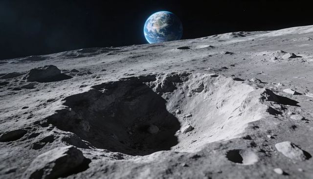 Lunar impact crater with earthrise over horizon, dramatic moon surface vista