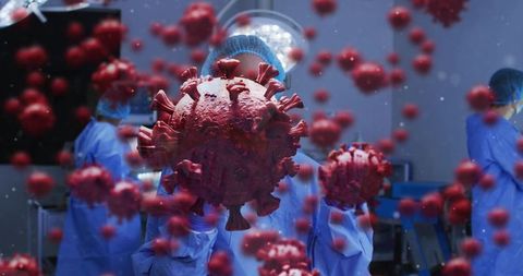 Surgical team battling viral threat with floating coronavirus model overlay in operating room