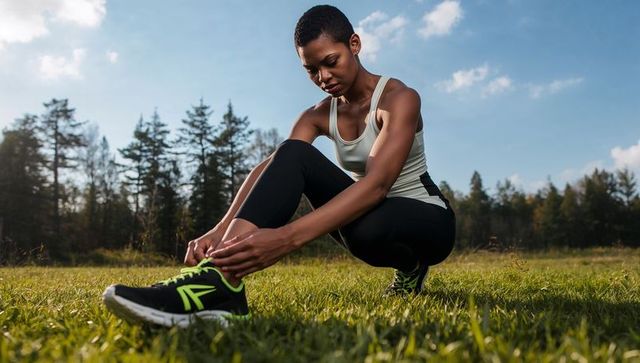 Kneeling runner tying neon green running shoe on grass during outdoor training session