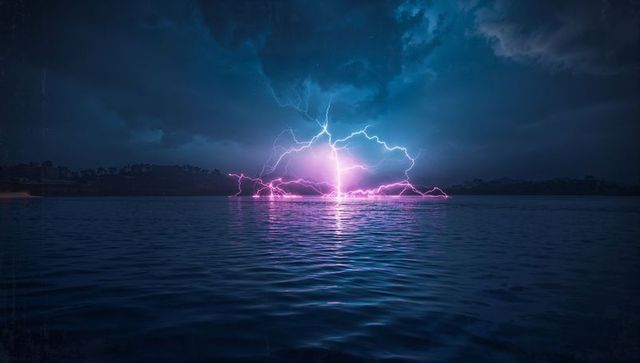 Dramatic nighttime lightning storm overtranquil lake