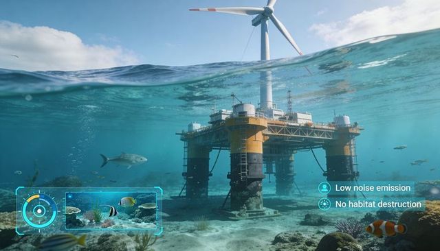 Offshore wind turbine over shallow coral reef with jacket foundation and marine life hud