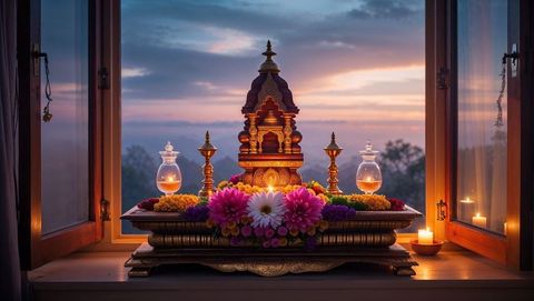 Ornate wooden shrine with flowers and lamps at sunset, vishu festival