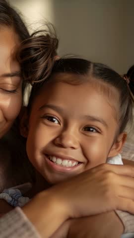 Mother Hugging Daughter Close, Child Smiling and Feeling Warmth in Tender Vertical Video