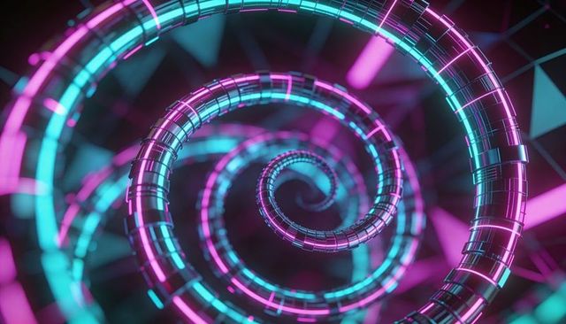 Neon spiral tunnel of metallic rings spinning into cyberpunk vortex with glowing strips