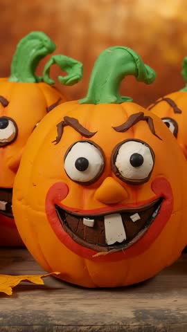 Vertical video Opening closeup on smiling cartoon pumpkin decoration in rustic autumn craft corner