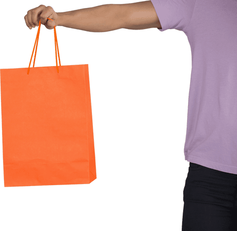 Transparent man holding bright orange shopping bag showcase