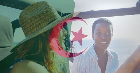 Friends Enjoying Road Trip with Algerian Flag Overlay