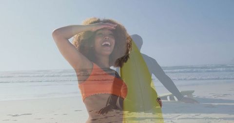 Laughter and Adventure on Sunny Beach with Surfboard