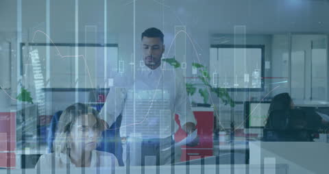 Colleagues Discussing Statistical Data Analysis in Modern Office