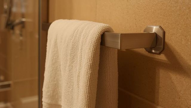 Cream textured towel draping over brushed metal towel bar in beige tiled bathroom