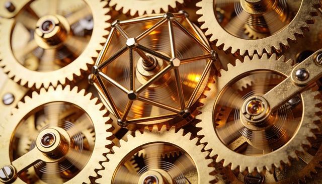 Rotating gold polyhedron cage meshing with gilded watch gears macro closeup