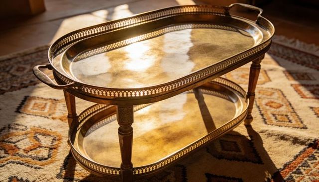 Glinting two-tier brass tray with handles casting long shadows on patterned rug