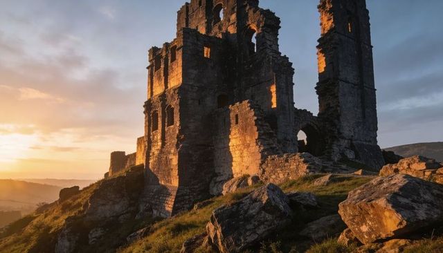 Sunlit medieval castle ruins on rocky hillside at golden hour, dramatic arches & turrets
