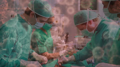Surgeons in Operating Room with Conceptual Covid-19 Cells Overlay