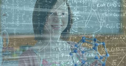 Smiling Schoolgirl Learning Math with Formulas in Classroom