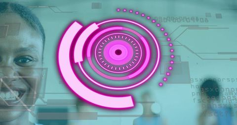 Displaying magenta hud overlay with concentric circular dashboard over smiling woman