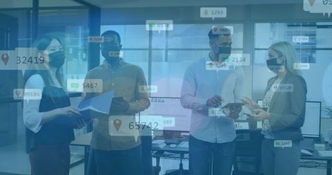 Business professionals discussing data insights with digital overlay