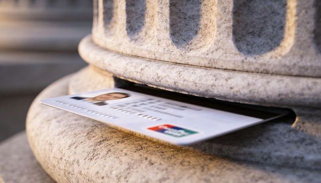 Sliding laminated id card into courthouse pillar slot, close-up on granite column