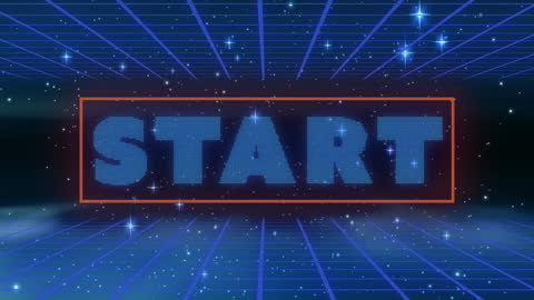 Retro 80s Digital Start Screen with Neon Grid and Stars