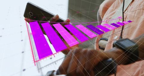 Cyclist checking smartphone with magenta 3d bar chart overlay tracking ride analytics