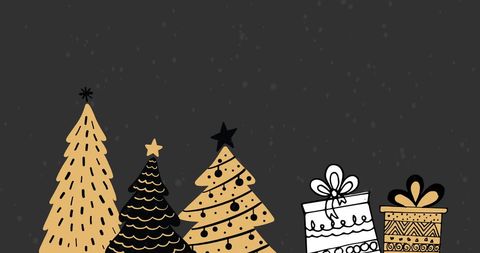 Hand-drawn christmas trees and gifts on snowy night