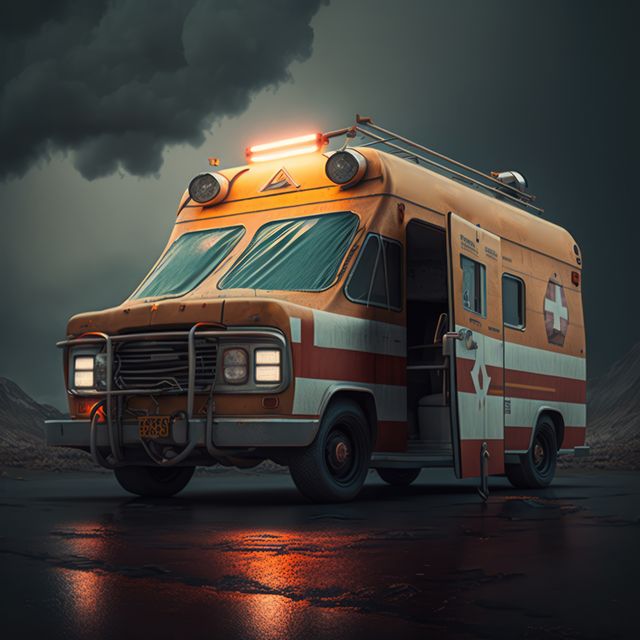 Ambulance parked in street with clouded sky, created using generative ai technology. Ambulance and emergency medical services concept digitally generated image.