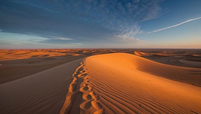 Golden dune ridge curving into horizon at sunrise with footprints and vast sandscape