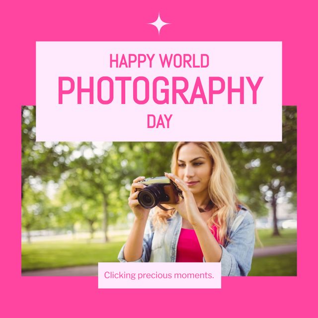 Woman with camera in park celebrating World Photography Day. Ideal for blogs, social media campaigns, photography day promotions, outdoor event posters, and photography-related website content.