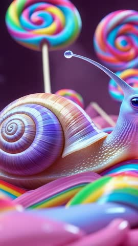 Vertical video showing colorful snail gliding across candy ribbons under swirl lollipops