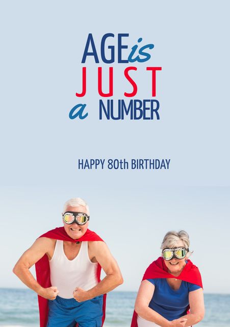 Elderly Couple Posing as Superheroes on Beach for 80th Birthday - Download Free Stock Templates Pikwizard.com