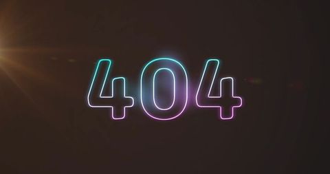 Neon 404 error graphic cyan magenta glow dark background warm lens flare