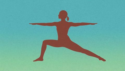 Female silhouette practicing warrior ii yoga pose on teal gradient for wellness